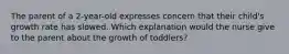 The parent of a 2-year-old expresses concern that their child's growth rate has slowed. Which explanation would the nurse give to the parent about the growth of toddlers?