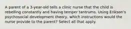 A parent of a 3-year-old tells a clinic nurse that the child is rebelling constantly and having temper tantrums. Using Erikson's psychosocial development theory, which instructions would the nurse provide to the parent? Select all that apply.