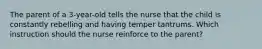 The parent of a 3-year-old tells the nurse that the child is constantly rebelling and having temper tantrums. Which instruction should the nurse reinforce to the parent?