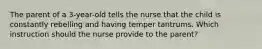 The parent of a 3-year-old tells the nurse that the child is constantly rebelling and having temper tantrums. Which instruction should the nurse provide to the parent?