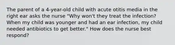 The parent of a 4-year-old child with acute otitis media in the right ear asks the nurse "Why won't they treat the infection? When my child was younger and had an ear infection, my child needed antibiotics to get better." How does the nurse best respond?