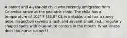 A parent and 4-year-old child who recently emigrated from Colombia arrive at the pediatric clinic. The child has a temperature of 102° F (38.8° C), is irritable, and has a runny nose. Inspection reveals a rash and several small, red, irregularly shaped spots with blue-white centers in the mouth. What illness does the nurse suspect?