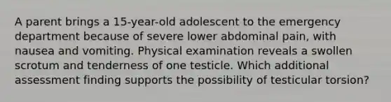 A parent brings a 15-year-old adolescent to the emergency department because of severe lower abdominal pain, with nausea and vomiting. Physical examination reveals a swollen scrotum and tenderness of one testicle. Which additional assessment finding supports the possibility of testicular torsion?