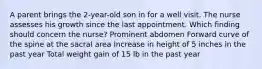 A parent brings the 2-year-old son in for a well visit. The nurse assesses his growth since the last appointment. Which finding should concern the nurse? Prominent abdomen Forward curve of the spine at the sacral area Increase in height of 5 inches in the past year Total weight gain of 15 lb in the past year