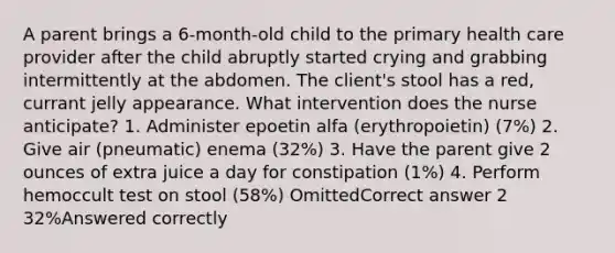 A parent brings a 6-month-old child to the primary health care provider after the child abruptly started crying and grabbing intermittently at the abdomen. The client's stool has a red, currant jelly appearance. What intervention does the nurse anticipate? 1. Administer epoetin alfa (erythropoietin) (7%) 2. Give air (pneumatic) enema (32%) 3. Have the parent give 2 ounces of extra juice a day for constipation (1%) 4. Perform hemoccult test on stool (58%) OmittedCorrect answer 2 32%Answered correctly