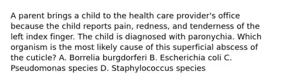 A parent brings a child to the health care provider's office because the child reports pain, redness, and tenderness of the left index finger. The child is diagnosed with paronychia. Which organism is the most likely cause of this superficial abscess of the cuticle? A. Borrelia burgdorferi B. Escherichia coli C. Pseudomonas species D. Staphylococcus species