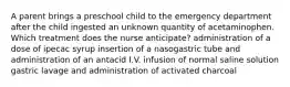 A parent brings a preschool child to the emergency department after the child ingested an unknown quantity of acetaminophen. Which treatment does the nurse anticipate? administration of a dose of ipecac syrup insertion of a nasogastric tube and administration of an antacid I.V. infusion of normal saline solution gastric lavage and administration of activated charcoal