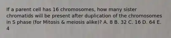 If a parent cell has 16 chromosomes, how many sister chromatids will be present after duplication of the chromosomes in S phase (for Mitosis & meiosis alike)? A. 8 B. 32 C. 16 D. 64 E. 4