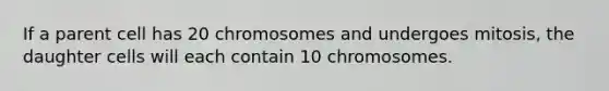 If a parent cell has 20 chromosomes and undergoes mitosis, the daughter cells will each contain 10 chromosomes.