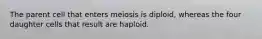 The parent cell that enters meiosis is diploid, whereas the four daughter cells that result are haploid.