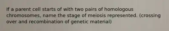 If a parent cell starts of with two pairs of homologous chromosomes, name the stage of meiosis represented. (crossing over and recombination of genetic material)