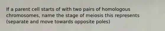 If a parent cell starts of with two pairs of homologous chromosomes, name the stage of meiosis this represents (separate and move towards opposite poles)