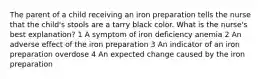 The parent of a child receiving an iron preparation tells the nurse that the child's stools are a tarry black color. What is the nurse's best explanation? 1 A symptom of iron deficiency anemia 2 An adverse effect of the iron preparation 3 An indicator of an iron preparation overdose 4 An expected change caused by the iron preparation