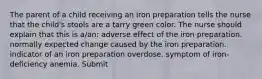 The parent of a child receiving an iron preparation tells the nurse that the child's stools are a tarry green color. The nurse should explain that this is a/an: adverse effect of the iron preparation. normally expected change caused by the iron preparation. indicator of an iron preparation overdose. symptom of iron-deficiency anemia. Submit