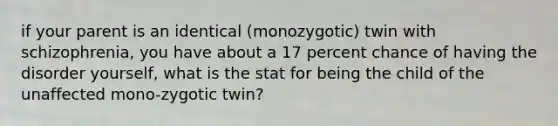 if your parent is an identical (monozygotic) twin with schizophrenia, you have about a 17 percent chance of having the disorder yourself, what is the stat for being the child of the unaffected mono-zygotic twin?