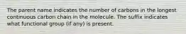 The parent name indicates the number of carbons in the longest continuous carbon chain in the molecule. The suffix indicates what functional group (if any) is present.