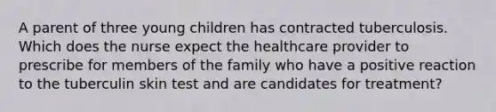 A parent of three young children has contracted tuberculosis. Which does the nurse expect the healthcare provider to prescribe for members of the family who have a positive reaction to the tuberculin skin test and are candidates for treatment?