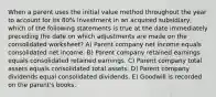 When a parent uses the initial value method throughout the year to account for its 80% investment in an acquired subsidiary, which of the following statements is true at the date immediately preceding the date on which adjustments are made on the consolidated worksheet? A) Parent company net income equals consolidated net income. B) Parent company retained earnings equals consolidated retained earnings. C) Parent company total assets equals consolidated total assets. D) Parent company dividends equal consolidated dividends. E) Goodwill is recorded on the parent's books.