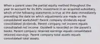 When a parent uses the partial equity method throughout the year to account for its 80% investment in an acquired subsidiary, which of the following statements is true at the date immediately preceding the date on which adjustments are made on the consolidated worksheet? Parent company dividends equal consolidated dividends. Parent company net income equals consolidated net income. Goodwill is recorded on the parent's books. Parent company retained earnings equals consolidated retained earnings. Parent company total assets equals consolidated total assets.