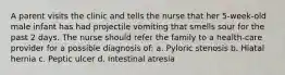 A parent visits the clinic and tells the nurse that her 5-week-old male infant has had projectile vomiting that smells sour for the past 2 days. The nurse should refer the family to a health-care provider for a possible diagnosis of: a. Pyloric stenosis b. Hiatal hernia c. Peptic ulcer d. Intestinal atresia