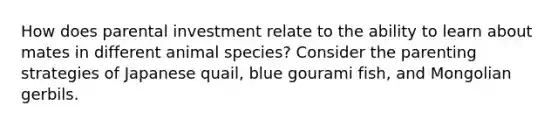 How does parental investment relate to the ability to learn about mates in different animal species? Consider the parenting strategies of Japanese quail, blue gourami fish, and Mongolian gerbils.