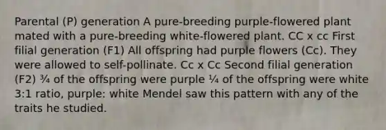 Parental (P) generation A pure-breeding purple-flowered plant mated with a pure-breeding white-flowered plant. CC x cc First filial generation (F1) All offspring had purple flowers (Cc). They were allowed to self-pollinate. Cc x Cc Second filial generation (F2) ¾ of the offspring were purple ¼ of the offspring were white 3:1 ratio, purple: white Mendel saw this pattern with any of the traits he studied.