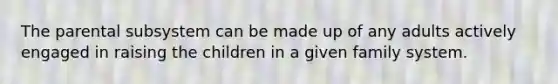 The parental subsystem can be made up of any adults actively engaged in raising the children in a given family system.