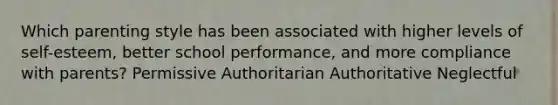 Which parenting style has been associated with higher levels of self-esteem, better school performance, and more compliance with parents? Permissive Authoritarian Authoritative Neglectful