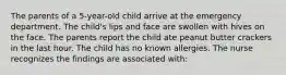 The parents of a 5-year-old child arrive at the emergency department. The child's lips and face are swollen with hives on the face. The parents report the child ate peanut butter crackers in the last hour. The child has no known allergies. The nurse recognizes the findings are associated with: