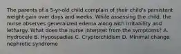 The parents of a 5-yr-old child complain of their child's persistent weight gain over days and weeks. While assessing the child, the nurse observes generalized edema along with irritability and lethargy. What does the nurse interpret from the symptoms? A. Hydrocele B. Hypospadias C. Cryptorchidism D. Minimal change nephrotic syndrome