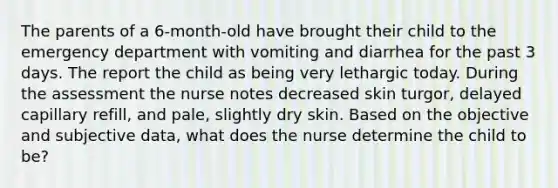 The parents of a 6-month-old have brought their child to the emergency department with vomiting and diarrhea for the past 3 days. The report the child as being very lethargic today. During the assessment the nurse notes decreased skin turgor, delayed capillary refill, and pale, slightly dry skin. Based on the objective and subjective data, what does the nurse determine the child to be?