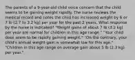 The parents of a 9-year-old child voice concern that the child seems to be gaining weight rapidly. The nurse reviews the medical record and notes the child has increased weight by 6 or 7 lb (2.7 to 3.2 kg) per year for the past 2 years. What response by the nurse is indicated? "Weight gains of about 7 lb (3.2 kg) per year are normal for children in this age range." "Your child does seem to be rapidly gaining weight." "On the contrary, your child's annual weight gain is somewhat low for this age." "Children in this age range on average gain about 5 lb (2.3 kg) per year."