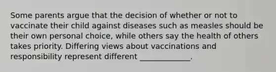 Some parents argue that the decision of whether or not to vaccinate their child against diseases such as measles should be their own personal choice, while others say the health of others takes priority. Differing views about vaccinations and responsibility represent different _____________.