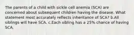 The parents of a child with sickle cell anemia (SCA) are concerned about subsequent children having the disease. What statement most accurately reflects inheritance of SCA? b.All siblings will have SCA. c.Each sibling has a 25% chance of having SCA.