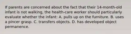 If parents are concerned about the fact that their 14-month-old infant is not walking, the health-care worker should particularly evaluate whether the infant: A. pulls up on the furniture. B. uses a pincer grasp. C. transfers objects. D. has developed object permanence.