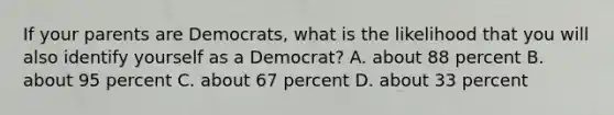 If your parents are Democrats, what is the likelihood that you will also identify yourself as a Democrat? A. about 88 percent B. about 95 percent C. about 67 percent D. about 33 percent