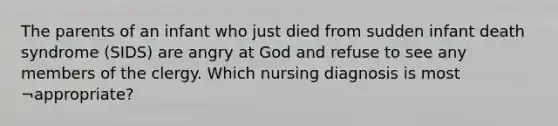 The parents of an infant who just died from sudden infant death syndrome (SIDS) are angry at God and refuse to see any members of the clergy. Which nursing diagnosis is most ¬appropriate?