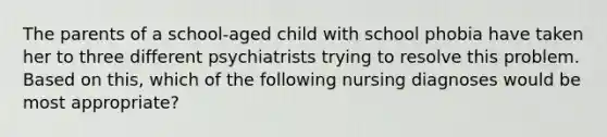 The parents of a school-aged child with school phobia have taken her to three different psychiatrists trying to resolve this problem. Based on this, which of the following nursing diagnoses would be most appropriate?