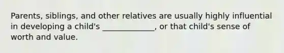 Parents, siblings, and other relatives are usually highly influential in developing a child's _____________, or that child's sense of worth and value.