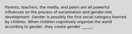 Parents, teachers, the media, and peers are all powerful influences on the process of socialization and gender-role development. Gender is possibly the first social category learned by children. When children cognitively organize the world according to gender, they create gender ______.