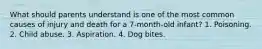 What should parents understand is one of the most common causes of injury and death for a 7-month-old infant? 1. Poisoning. 2. Child abuse. 3. Aspiration. 4. Dog bites.