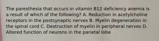 The paresthesia that occurs in vitamin B12 deficiency anemia is a result of which of the following? A. Reduction in acetylcholine receptors in the postsynaptic nerves B. Myelin degeneration in the spinal cord C. Destruction of myelin in peripheral nerves D. Altered function of neurons in the parietal lobe