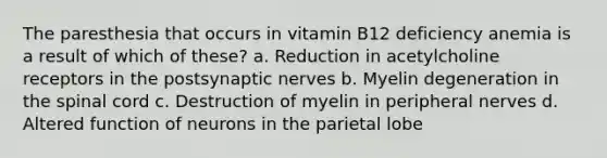 The paresthesia that occurs in vitamin B12 deficiency anemia is a result of which of these? a. Reduction in acetylcholine receptors in the postsynaptic nerves b. Myelin degeneration in <a href='https://www.questionai.com/knowledge/kkAfzcJHuZ-the-spinal-cord' class='anchor-knowledge'>the spinal cord</a> c. Destruction of myelin in peripheral nerves d. Altered function of neurons in the parietal lobe