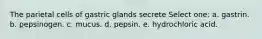 The parietal cells of gastric glands secrete Select one: a. gastrin. b. pepsinogen. c. mucus. d. pepsin. e. hydrochloric acid.