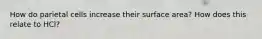 How do parietal cells increase their surface area? How does this relate to HCl?