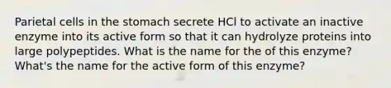 Parietal cells in the stomach secrete HCl to activate an inactive enzyme into its active form so that it can hydrolyze proteins into large polypeptides. What is the name for the of this enzyme? What's the name for the active form of this enzyme?