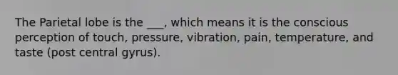 The Parietal lobe is the ___, which means it is the conscious perception of touch, pressure, vibration, pain, temperature, and taste (post central gyrus).