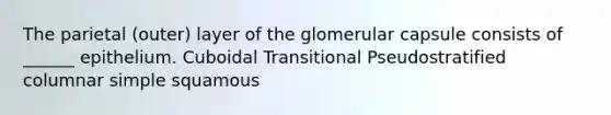 The parietal (outer) layer of the glomerular capsule consists of ______ epithelium. Cuboidal Transitional Pseudostratified columnar simple squamous