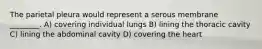 The parietal pleura would represent a serous membrane ________. A) covering individual lungs B) lining the thoracic cavity C) lining the abdominal cavity D) covering the heart