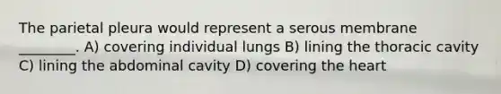 The parietal pleura would represent a serous membrane ________. A) covering individual lungs B) lining the thoracic cavity C) lining the abdominal cavity D) covering the heart